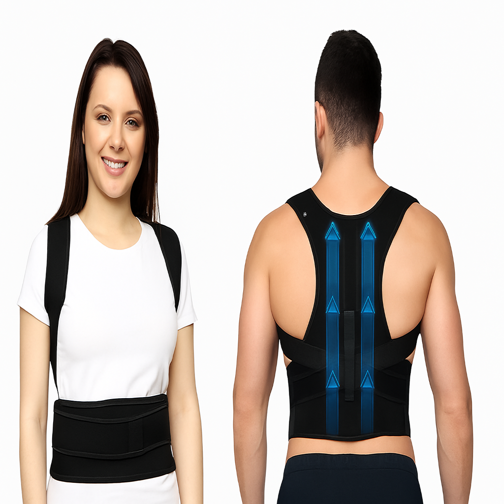 Person wearing a black posture corrector with blue arrows on a white background