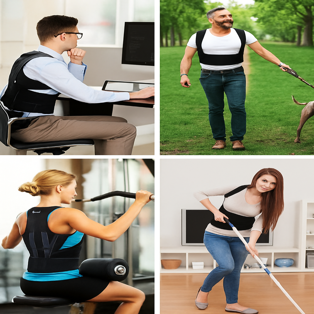 Four images showing a person wearing a back brace in different settings: at a desk, outdoors, exercising, and cleaning.